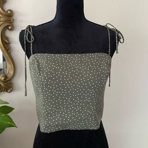 BNWOT Spaghetti Strap Tie Shoulder Green & White Polka Dot Cropped Top
